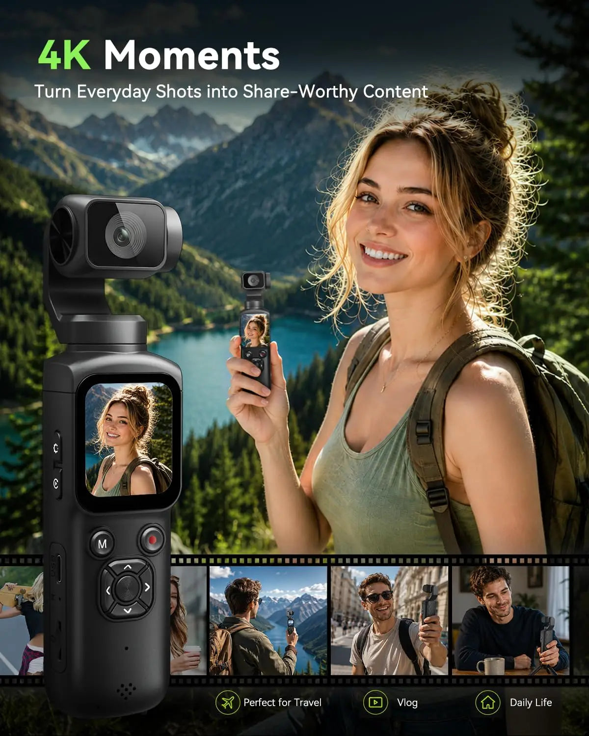 4K Handheld Vlog Camera with 330° Face Tracking