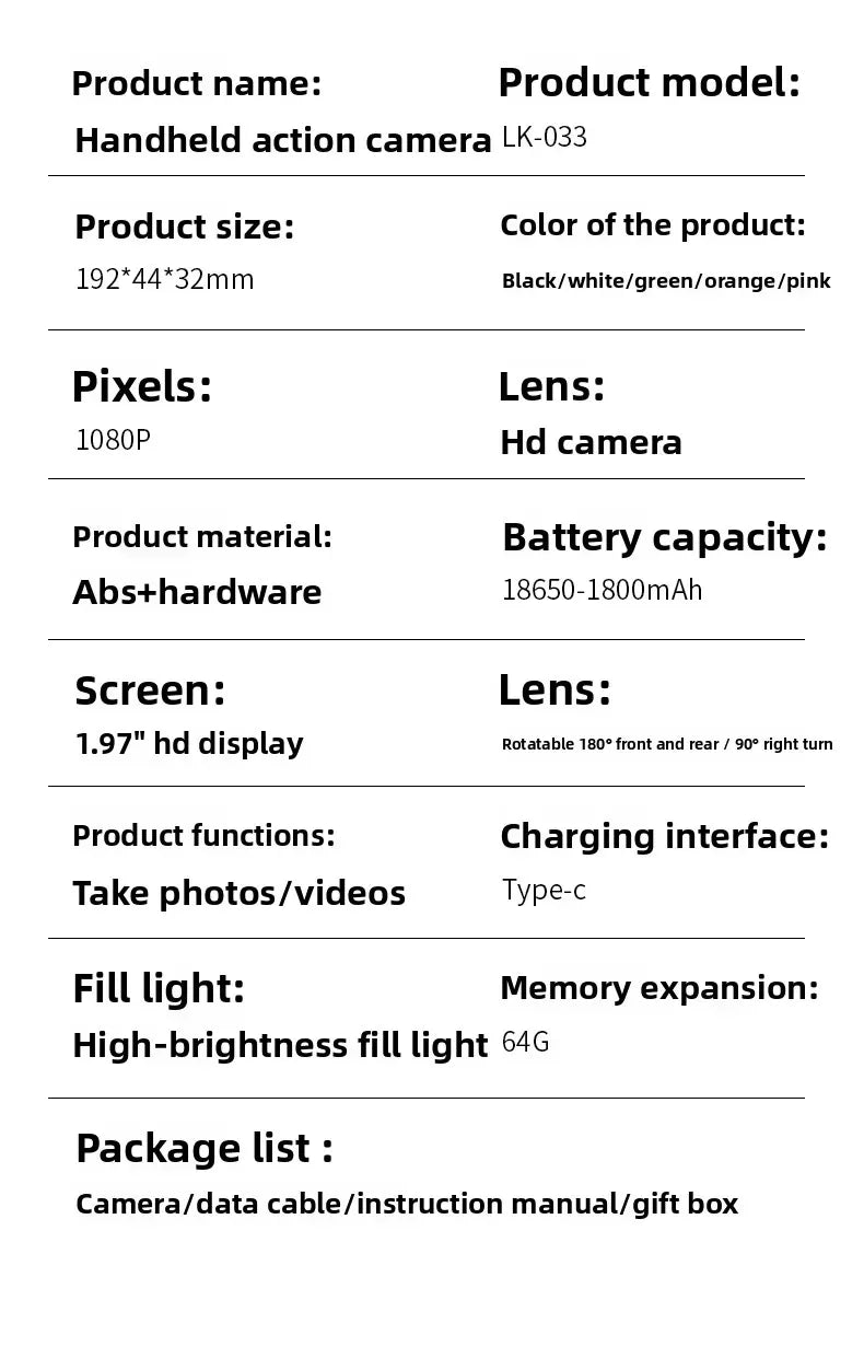 4K Handheld Vlog Camera with 180° Rotatable Lens & Fill Light